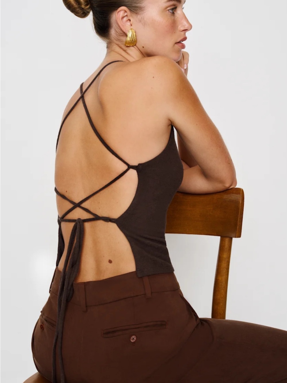 Reformation Vevina Knit Top Brown Open Back Tie Up - Picture 2 of 8
